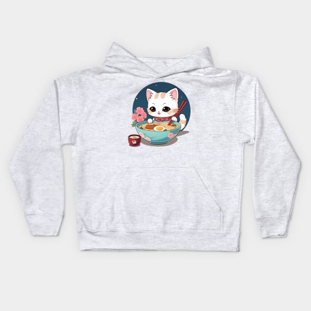 Ramen cat - funny, cute, gift idea, cats, for girls, women, kids, men, boys, christmas, birthday, gift, valentines day, mom, dad, japan, japanese culture, anime, manga, chibi, kawaii, japanese food lover, noodles, ramen, sushi, lover, kitty, cat lady, Kids Hoodie by Fanboy04